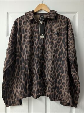 Adidas JZ0297 Women’s Leopard Print Coach Jacket NWT Large Earth Strata Brown